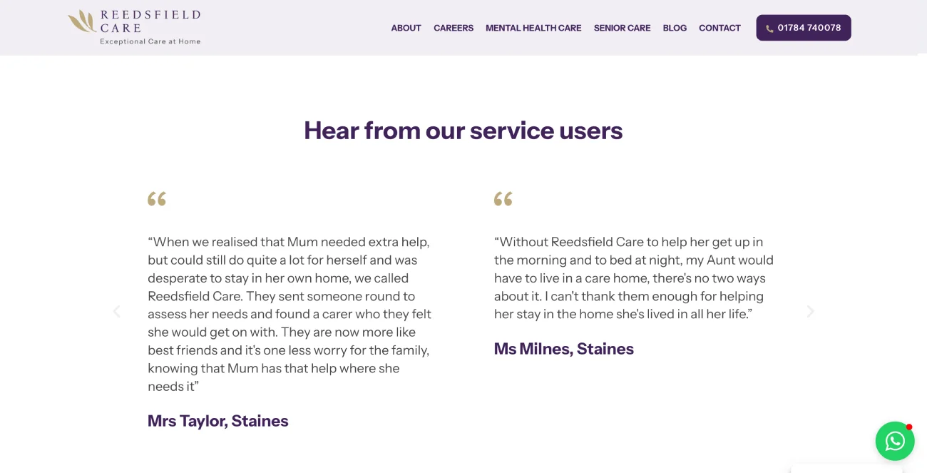 Client testimonial highlighting a positive care experience from a family member