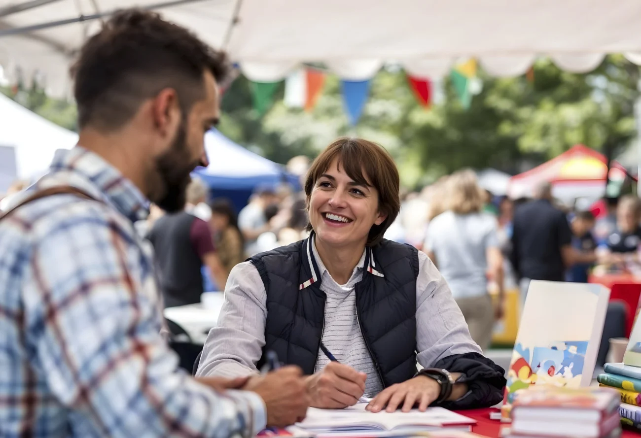 Care worker engaging with family at a local event — building community trust