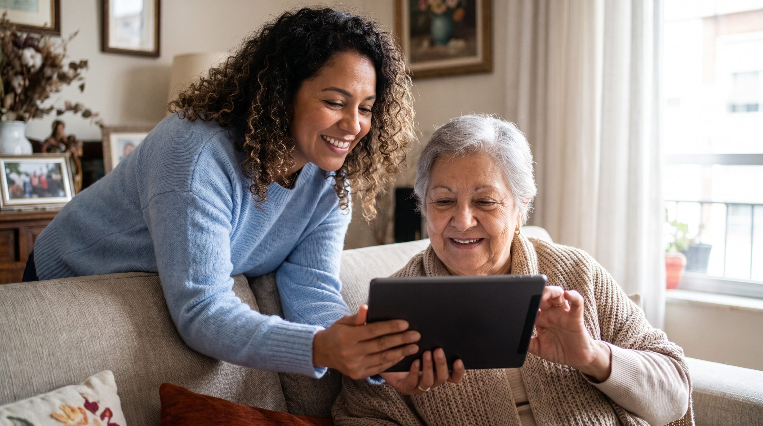Latina caregiver helping elderly grandmother learn telehealth tablet warm teaching moment home